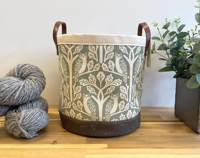 Large 9” Sage Green Owl and Oak Tree Fabric Bin - Screen Printed Fabric Bucket - Floral Round Bin