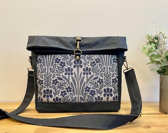 Iris and Vinca Screen Printed Waxed Canvas Crossbody Bag - Rolltop