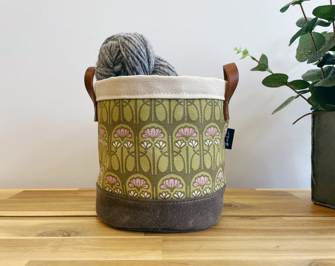 6” Magnolia Pattern Fabric Bin - Screen Printed Fabric Bucket - Green and Pink / Yarn Bowl