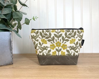 Moss Green Hummingbird and Weigela Pattern Zipper Pouch - Waxed Canvas - Cosmetic Bag - Screen Printed - Hand Printed