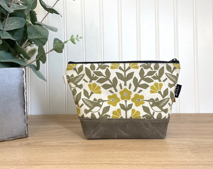 Moss Green Hummingbird and Weigela Pattern Zipper Pouch - Waxed Canvas - Cosmetic Bag - Screen Printed - Hand Printed