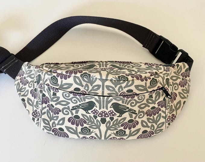 Crow and Mushroom Fanny Pack - Hip Bag - Small Cross-Body Purse - Screen Printed