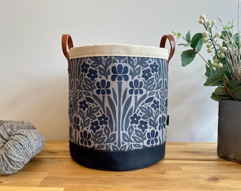 Iris and Vinca Fabric Bin: Screen Printed Round Bucket (9 inch)