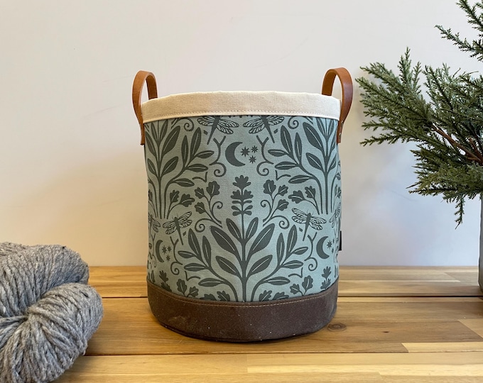 Large 9” Sage and Moonlight Fabric Bin - Screen Printed Fabric Bucket - Round Bin - Dragonfly
