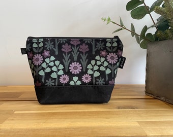 Oregon Wildflowers Zipper Pouch - Waxed Canvas - Cosmetic Bag - Screen Printed - Hand Printed - Black