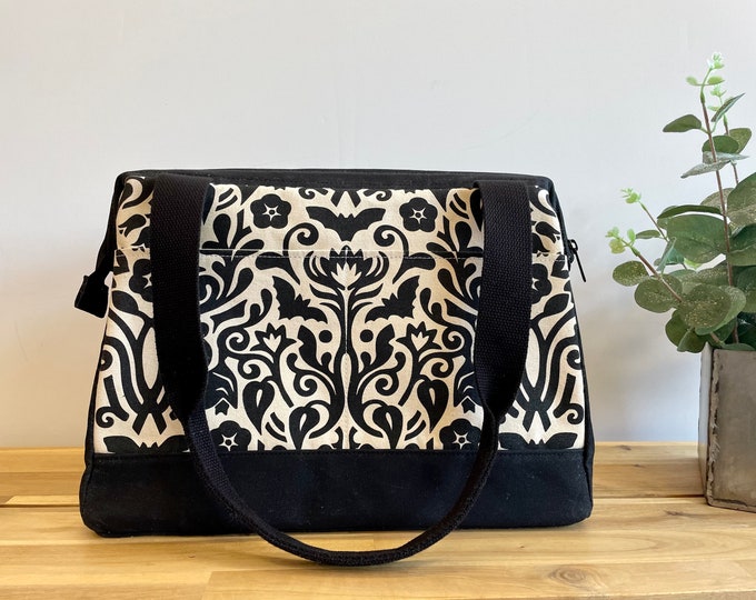 Large Waxed Canvas Tool Bag - Black and White Moon Garden Pattern - Knitting Bag - Screen Printed Bag - Crochet Bag -Sweater Project Bag