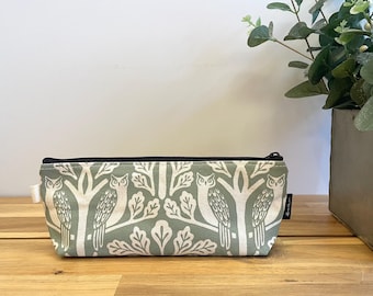 Sage Green Owl and Oak Tree Pattern Pencil Pouch  - Screen Printed - Zipper Pouch -Orange Pouch