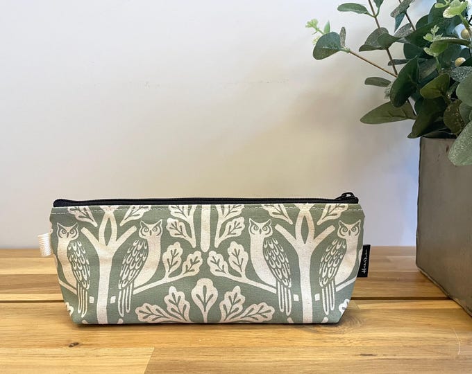 Sage Green Owl and Oak Tree Pattern Pencil Pouch  - Screen Printed - Zipper Pouch -Orange Pouch