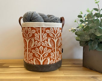 Large 9” Owl and Oak Tree Fabric Bin - Screen Printed Fabric Bucket - Floral Round Bin