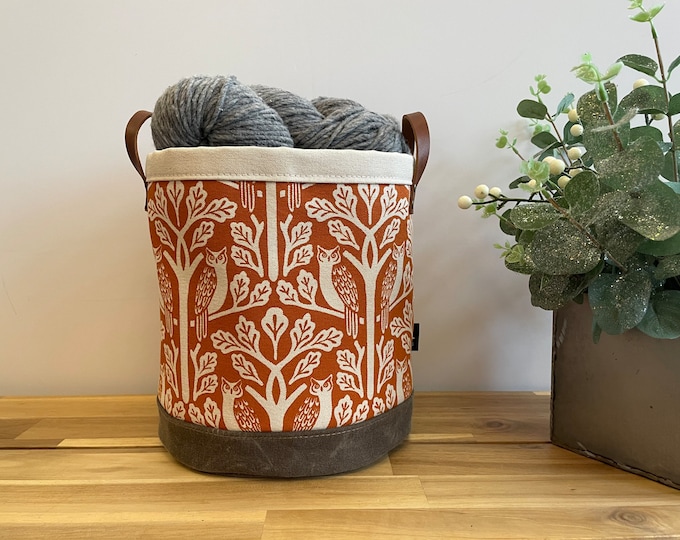 Large 9” Owl and Oak Tree Fabric Bin - Screen Printed Fabric Bucket - Floral Round Bin