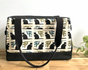 Waxed Canvas Project Bag - Black Tuxedo Cat Pattern - Knitting Bag - Screen Printed Bag - Crochet Bag -Sweater Project Bag