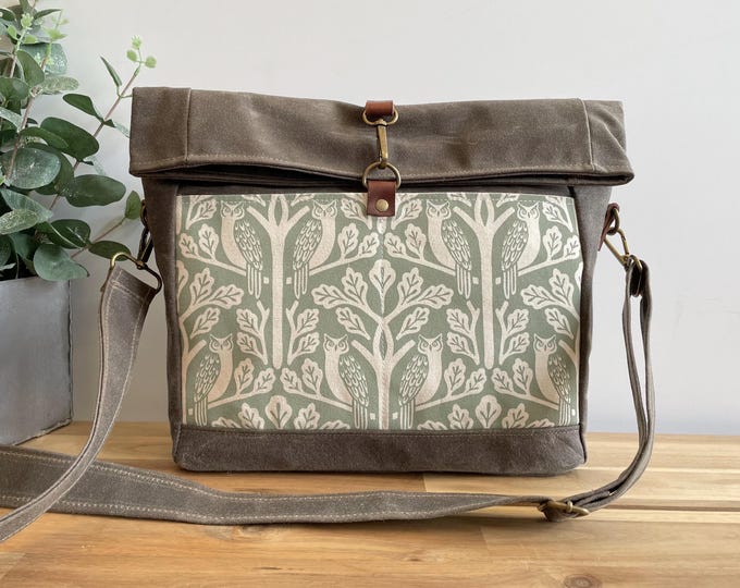 Sage Green Owl and Oak Tree Roll Top Waxed Canvas Purse - Cross Body Messenger Purse - Screen Printed Bag