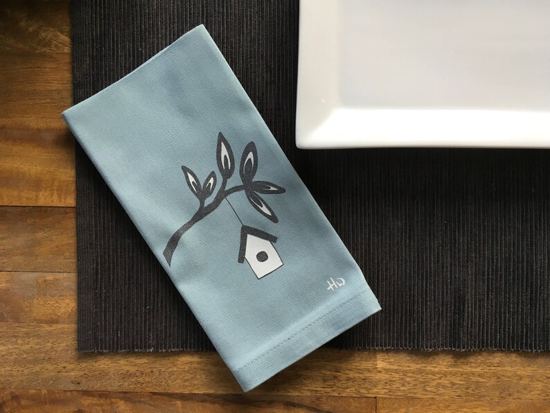 Blue Housewarming Gift Dinner Napkins with Screen Printed Birdhouse Set of 4 Cloth Napkins