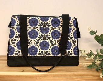 Large Waxed Canvas Project Bag - February Violets Pattern - Knitting Bag - Screen Printed Bag - Crochet Bag -Sweater Project Bag