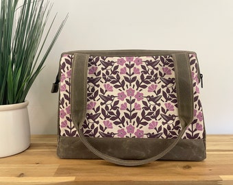 Large Waxed Canvas Project Tool Bag - Hummingbird and Weigela Knitting Bag - Screen Printed Bag - Crochet Bag - Sweater Project Bag