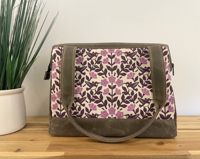 Large Waxed Canvas Project Tool Bag - Hummingbird and Weigela Knitting Bag - Screen Printed Bag - Crochet Bag - Sweater Project Bag