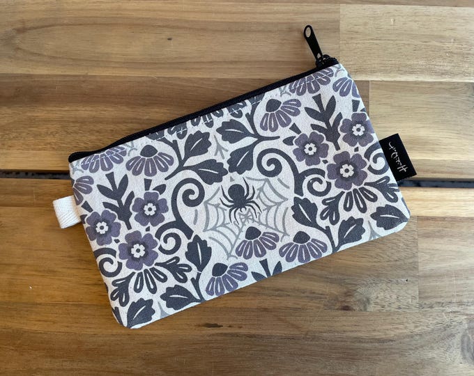 Floral Spider Zipper Pouch - Zipper Wallet - Screen Printed - Halloween Bag