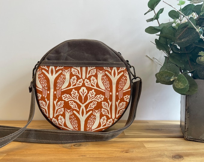 Orange Owl and Oaktree Waxed Canvas Round Cross-Body Purse - Screen Printed Circle Bag - Tambourine Bag