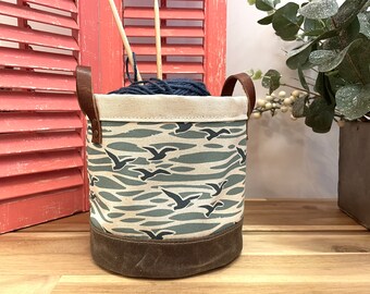 6” Ida Lewis-inspired Pattern Fabric Bin - Screen Printed Fabric Bucket - February - Seagulls- Above and Beyond