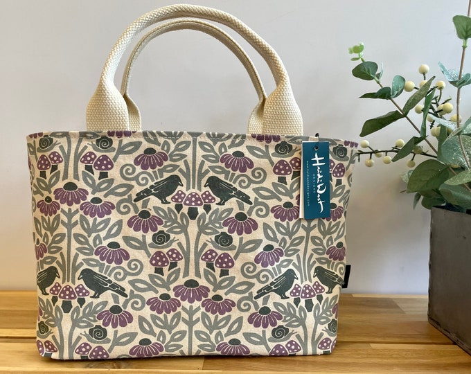 Crow and Mushroom Pattern Project Bag / Lunch Bag - Screen Printed Fabric Bucket