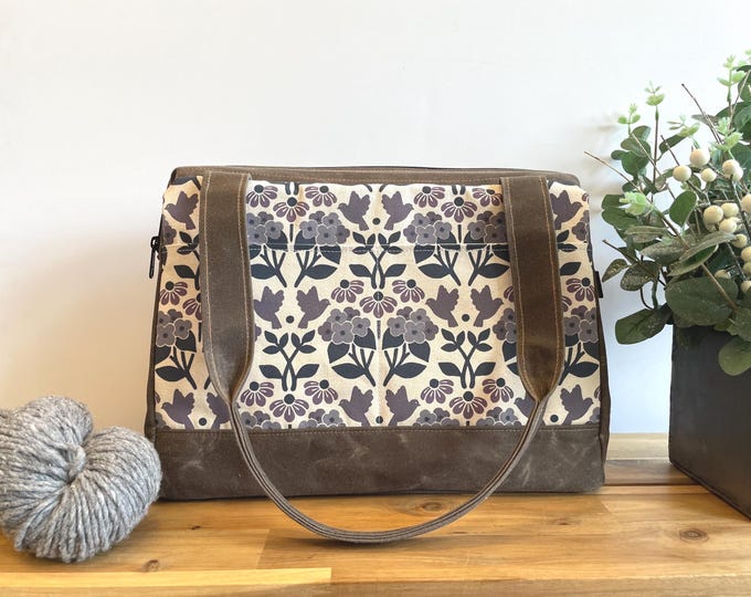 Large Waxed Canvas Project Tool Bag - Hydrangea, Black-eyed Susan Knitting Bag - Screen Printed Bag - Crochet Bag -Sweater Project Bag