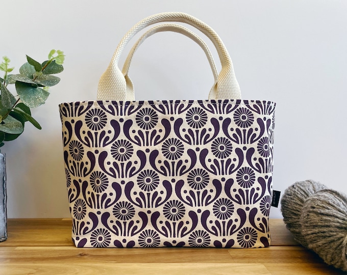 Violet September Aster Project Bag / Lunch Bag - Screen Printed Fabric - Gift - Yarn Tote