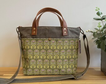 Magnolia Cross Body Handbag Purse - Waxed Canvas Bag - Screen Printed Fabric