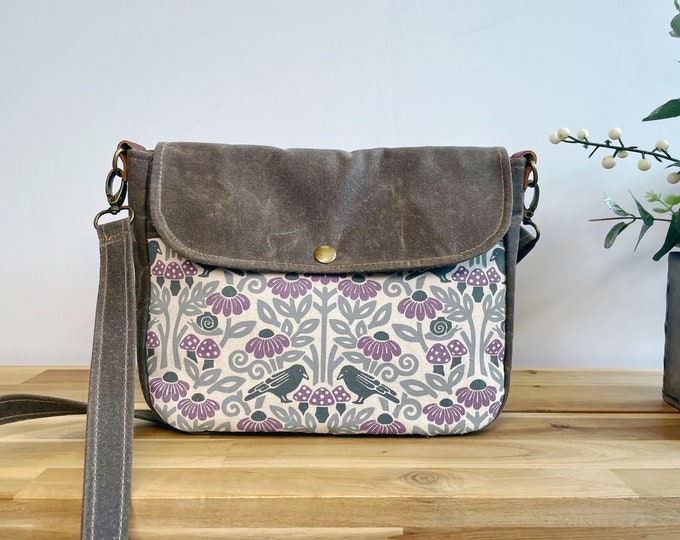 Crow and Mushroom Waxed Canvas Small Messenger Bag - Satchel - Flap Canvas Bag - Cross Body - Screen Printed Fabric