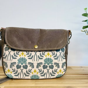 Lotus and Firefly Waxed Canvas Small Messenger Bag - Satchel - Flap Canvas Bag - Cross Body - Screen Printed Fabric