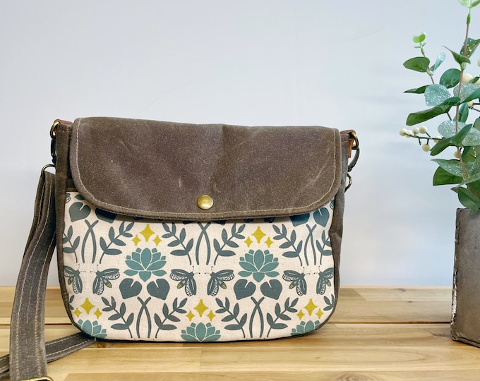 Lotus and Firefly Waxed Canvas Small Messenger Bag - Satchel - Flap Canvas Bag - Cross Body - Screen Printed Fabric