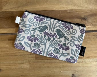 Crow and Mushroom Zipper Pouch - Zipper Wallet - Screen Printed