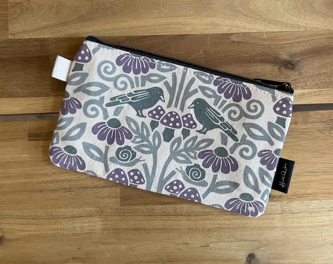 Crow and Mushroom Zipper Pouch - Zipper Wallet - Screen Printed
