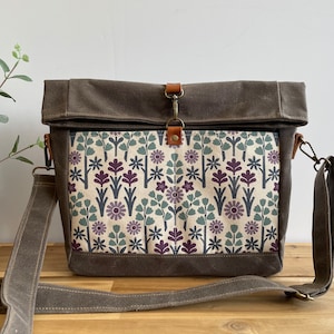 Oregon Wildflowers Roll Top Waxed Canvas Purse - Cross Body Messenger Purse - Screen Printed Bag - Natural White