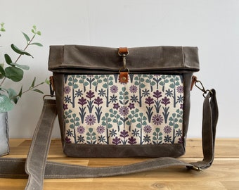 Oregon Wildflowers Roll Top Waxed Canvas Purse - Cross Body Messenger Purse - Screen Printed Bag - Natural White