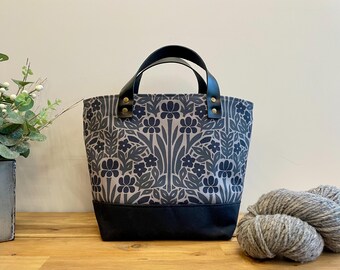 Iris and Vinca Screen Printed Project Bag:  Waxed Canvas Knitting Bag