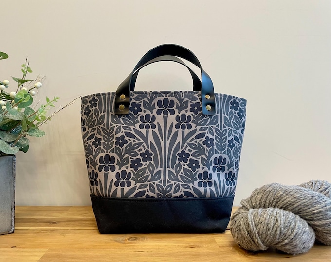Iris and Vinca Screen Printed Project Bag:  Waxed Canvas Knitting Bag