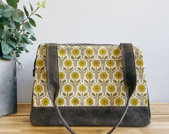 Large Waxed Canvas Project Tool Bag - April Daisies Pattern - Knitting Bag - Screen Printed Bag - Crochet Bag -Sweater Project Bag