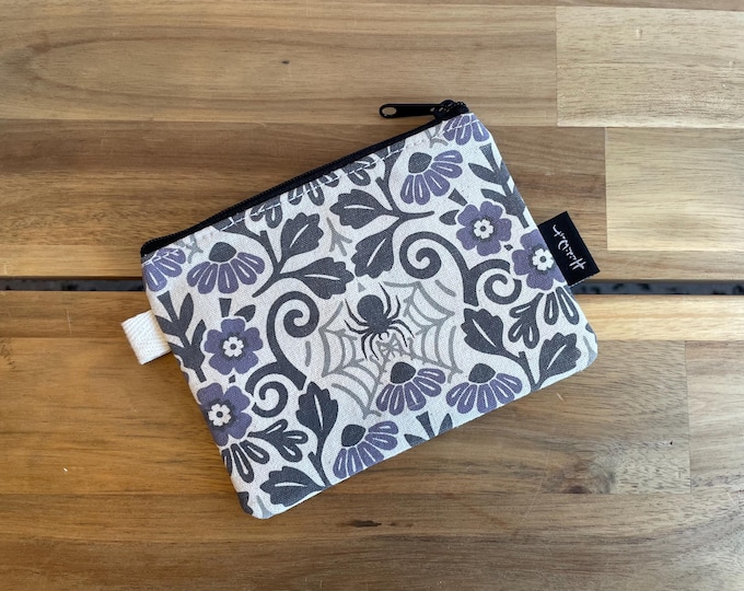 Floral Spider Zipper Pouch: Screen Printed Purple Wallet -Halloween Bag