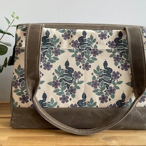 Waxed Canvas Knitting Bag: Garden Snakes Screen Printed Project Tote