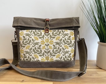 Moss Green Hummingbird and Weigela Roll Top Waxed Canvas Purse - Cross Body Messenger Purse - Screen Printed Bag