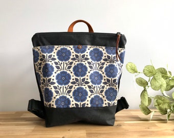 February Violets Waxed Canvas Backpack - Canvas Bag - Backpack purse - Screen Printed - Violet Pattern - Water Resistant Bag - February