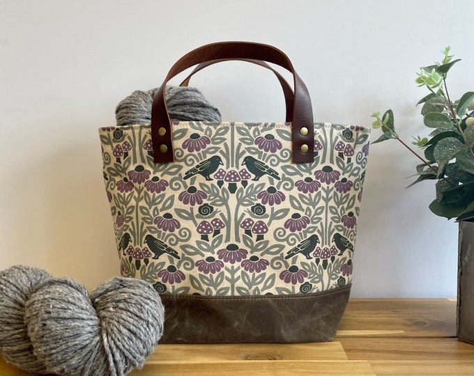 Crow and Mushroom Waxed Canvas Project Bag - Screen Printed - Knitting Bag - Yarn Bag - Crochet Bag