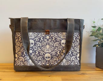 Waxed Canvas Knitting Laptop Bag: Mystical Moth Print
