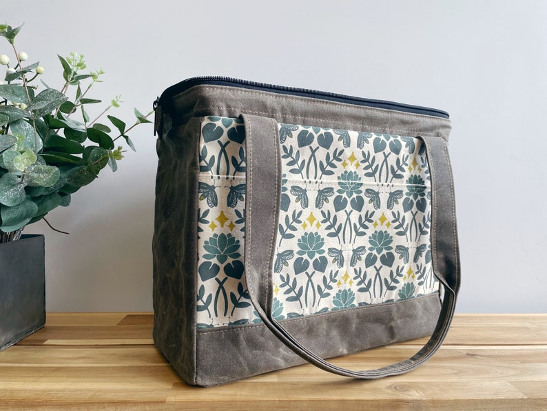 Large Waxed Canvas Project Tool Bag Lotus and Firefly Pattern Knitting Bag Screen Printed Bag Crochet Bag Sweater Project Bag image 6