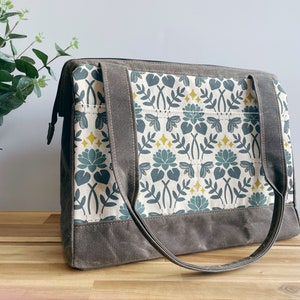 Large Waxed Canvas Project Tool Bag Lotus and Firefly Pattern Knitting Bag Screen Printed Bag Crochet Bag Sweater Project Bag image 3