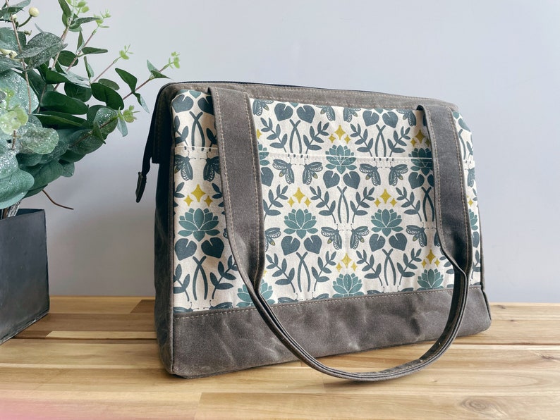 Large Waxed Canvas Project Tool Bag Lotus and Firefly Pattern Knitting Bag Screen Printed Bag Crochet Bag Sweater Project Bag image 3