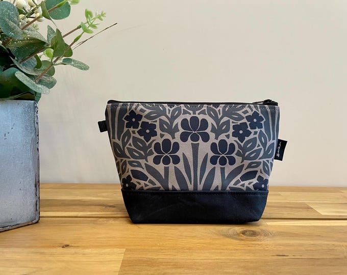 Iris and Vinca Zipper Pouch - Waxed Canvas Cosmetic Bag