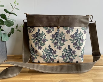 Garden Snakes Cross Body Handbag Purse - Waxed Canvas Bag - Screen Printed Fabric