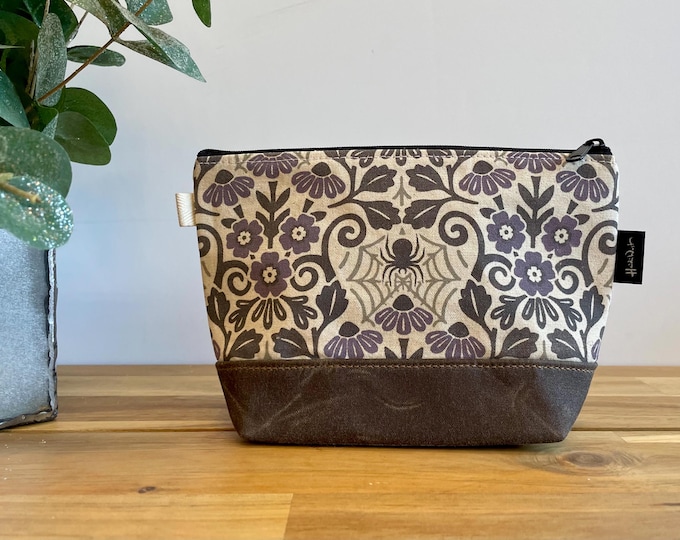 Floral Spider Pattern Zipper Pouch - Waxed Canvas - Cosmetic Bag - Screen Printed - Hand Printed - Halloween Pouch