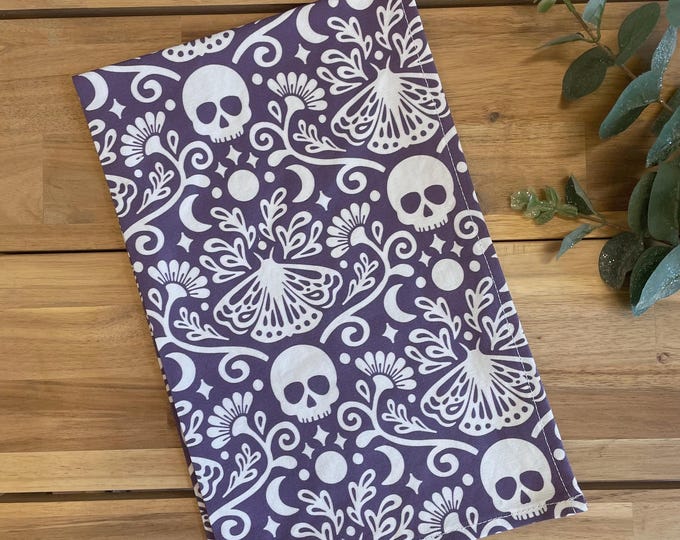 Lavender Mystical Moth and Skull Tea Towel - Cotton/Linen - Halloween - Witchy Hand Towel